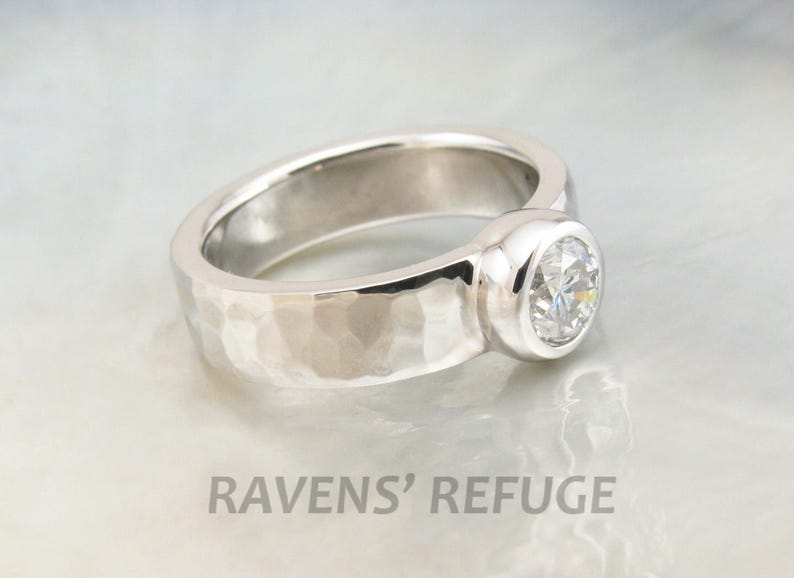 Handmade Bezel Diamond Engagement Ring With 14k White Gold Etsy