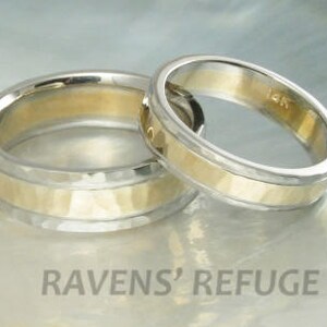 unique hammered wedding ring set 14k gold duo tone / two tone wedding bands image 4