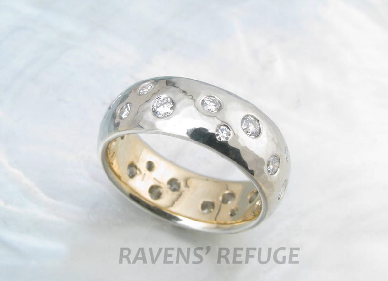 starry night engagement ring flush set diamonds in hammered domed wedding band Bild 3
