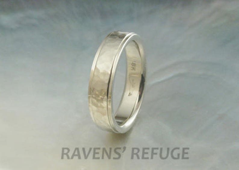 white gold wedding bands hammered in 18k gold with stepped edges, comfort fit image 5