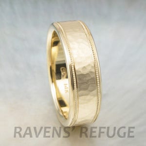 Mens Wedding Band With Milgrain 7mm Wide Hammered Wedding Ring 