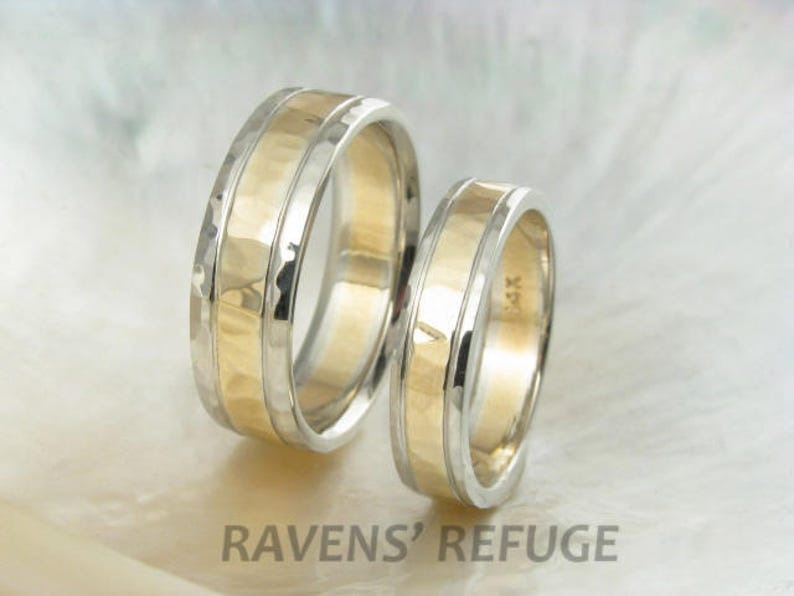 unique hammered wedding ring set 14k gold duo tone / two tone wedding bands image 1