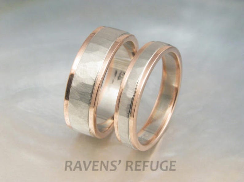 rose gold and white gold wedding band set hammered two tone wedding rings with step-down edges image 3