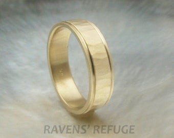 unique man's wedding ring -- 5mm 14k yellow gold hammered wedding band with stepped edges