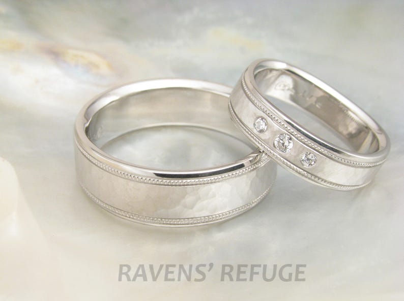 Platinum His and Hers Wedding Bands With Milgrain / Hammered Etsy