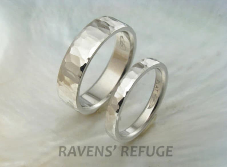 Unique Platinum Wedding Band Set Hand Hammered & Hand Etsy
