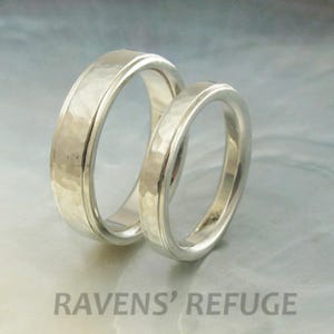 white gold wedding bands hammered in 18k gold with stepped edges, comfort fit image 2