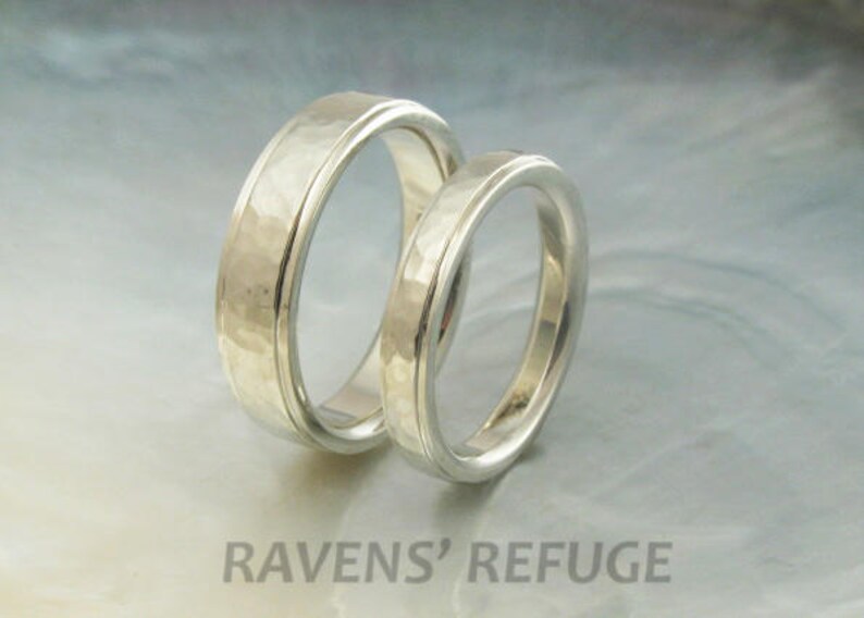 white gold wedding bands hammered in 18k gold with stepped edges, comfort fit image 2