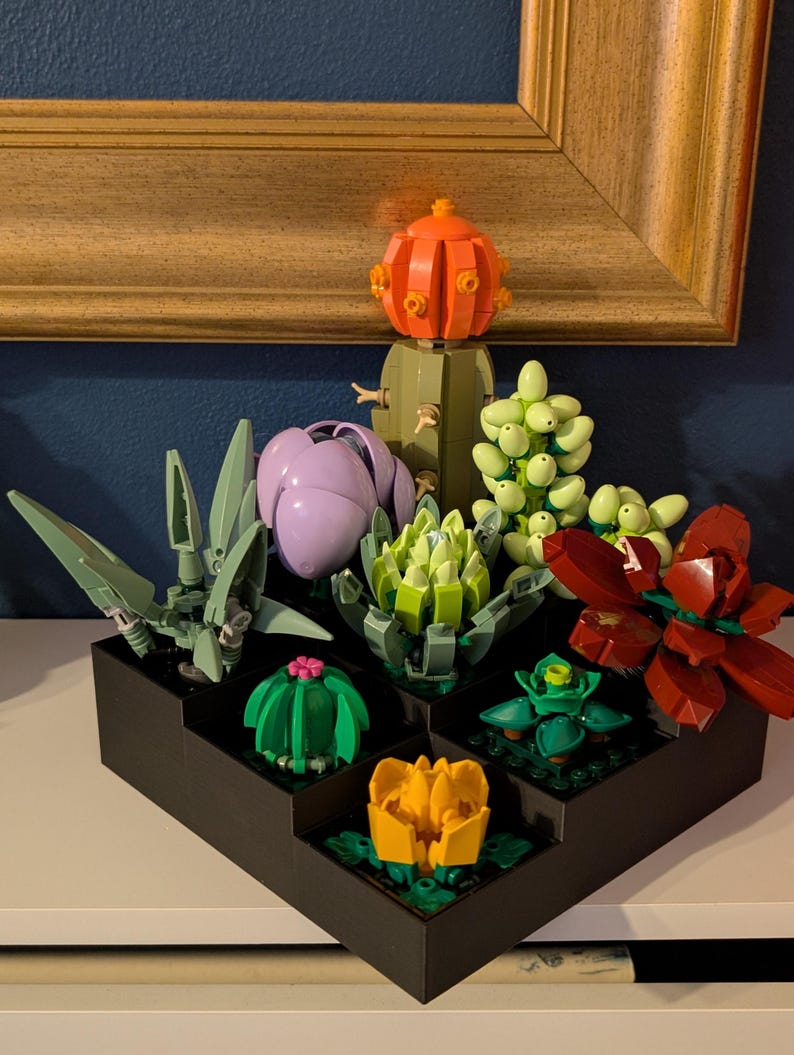May include: A black tiered planter box filled with colorful Lego succulents. The succulents include green, red, purple, and yellow flowers and cacti. The background includes a gold-framed picture and a dark blue wall.
