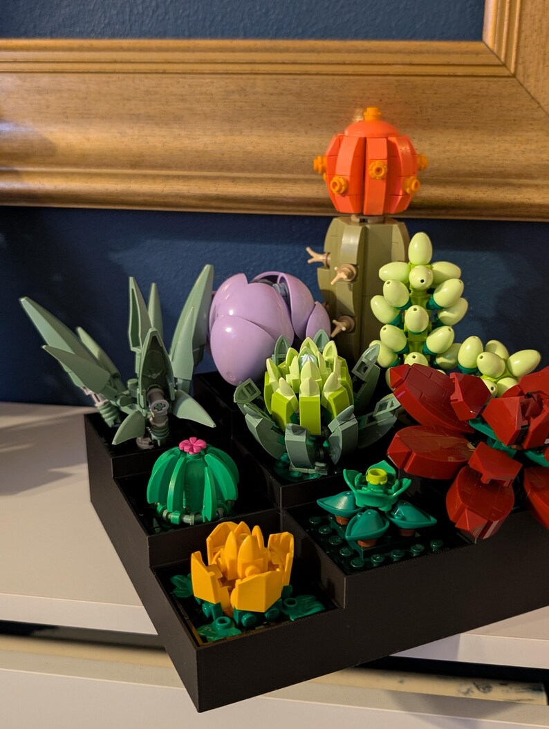 May include: A collection of colorful Lego succulent plants in a black planter. The succulents include green, red, yellow, and purple flowers and cacti. The arrangement is set against a dark blue wall and a white shelf.