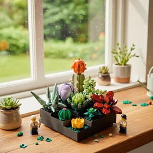 May include: A Lego succulent garden set with various colorful plants, including cacti and succulents, arranged in a black planter. Two Lego figures are included. The scene is set on a wooden windowsill with a blurred outdoor background.