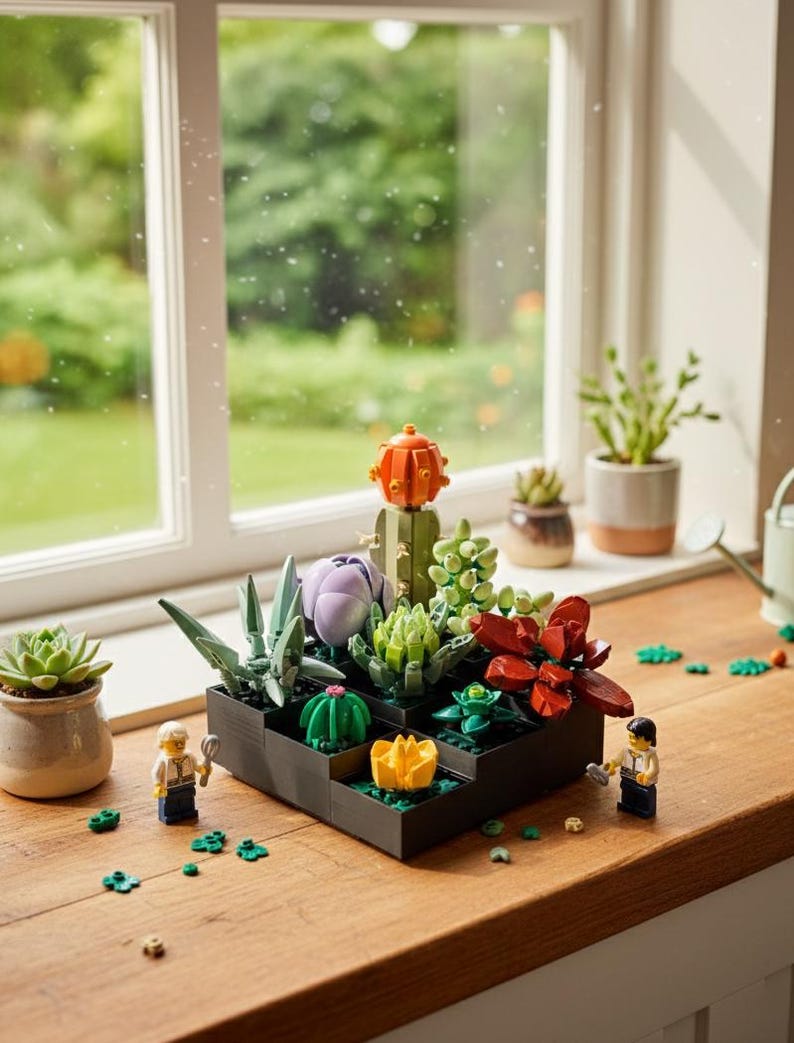 May include: A Lego succulent garden set with various colorful plants, including cacti and succulents, arranged in a black planter. Two Lego figures are included. The scene is set on a wooden windowsill with a blurred outdoor background.