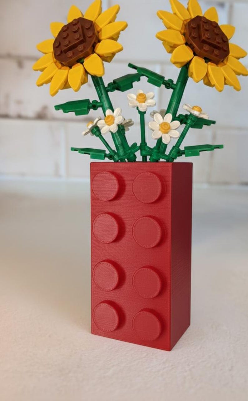 Building Block Style 3D Printed Vase | Interlocking Brick Flower Pot | Fun Unique Desktop Decor | Gift for Adult Builders | Multiple Colors Red