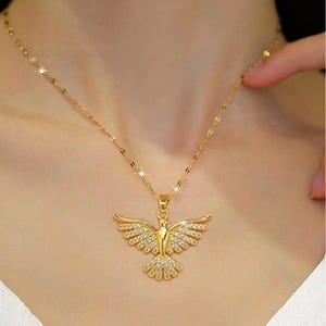 18K Gold Phoenix Bird Necklace: Cubic Zirconia Firebird Pendant