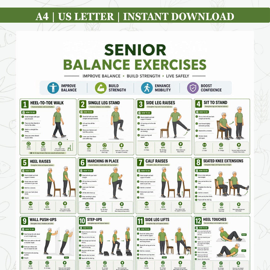 Balance Exercises for Seniors Printable PDF, Senior Workout Chart, Fall ...