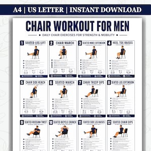 May include: A4 size printable workout guide titled "CHAIR WORKOUT FOR MEN". The guide features 12 illustrated exercises, including leg lifts, chair marches, and knee extensions. The exercises are designed for strength and mobility.