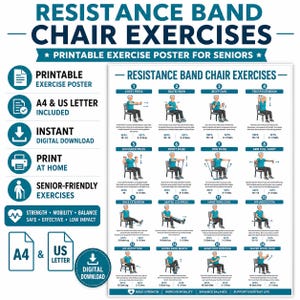 May include: A printable exercise poster titled Resistance Band Chair Exercises featuring sixteen illustrated movements for seniors. The document includes instructions, repetition counts, and set recommendations for each exercise, available in A4 and US Letter sizes.