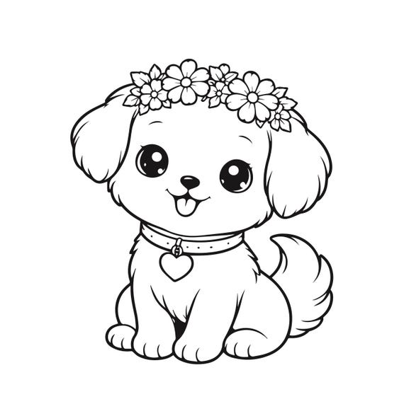 Cute Kawaii Puppy SVG  PNG DXF | Dog Coloring Page Printable, Bold Line Puppy Outline, Cricut & Laser Cut File, Instant Download