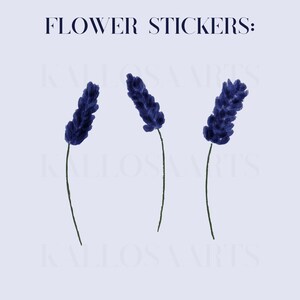 May include: Three stickers featuring dark blue lavender flowers with green stems. The text "FLOWER STICKERS:" is displayed above the flowers in a dark blue font. The background is a pale purple colour.