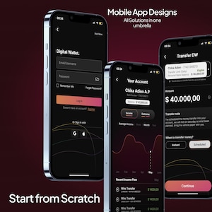 Könnte beinhalten: Drei Smartphones, die eine mobile App-Oberfläche mit dunklem Thema anzeigen. Die Bildschirme zeigen einen digitalen Wallet-Login, Kontodetails und einen Geldtransfer-Bildschirm. Das App-Design umfasst ein Farbverlaufsschema und den Text "Mobile App Designs."