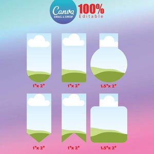 May include: A digital magnet bookmark template featuring six distinct shapes with a sky and grass graphic. Text includes MAGNET BOOKMARK TEMPLATE, Canva 100% Editable, JPG | PNG | PDF, and Sheet Size: 8.5x11 inches, with dimensions 1x2 and 1.5x2 inches.