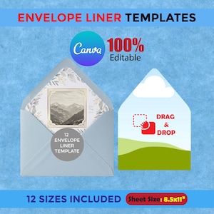May include: Envelope liner templates with the text ENVELOPE LINER TEMPLATES, 100% Editable, 12 ENVELOPE LINER TEMPLATE, DRAG & DROP, and 12 SIZES INCLUDED Sheet Size: 8.5x11 inches. Features a light blue envelope and a graphic design interface.