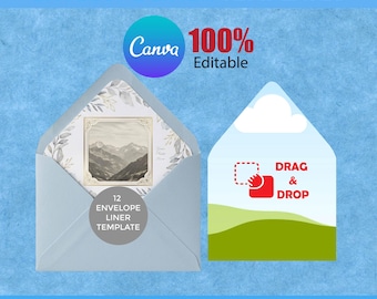 May include: Envelope liner templates with the text ENVELOPE LINER TEMPLATES, 100% Editable, 12 ENVELOPE LINER TEMPLATE, DRAG & DROP, and 12 SIZES INCLUDED Sheet Size: 8.5x11 inches. Features a light blue envelope and a graphic design interface.