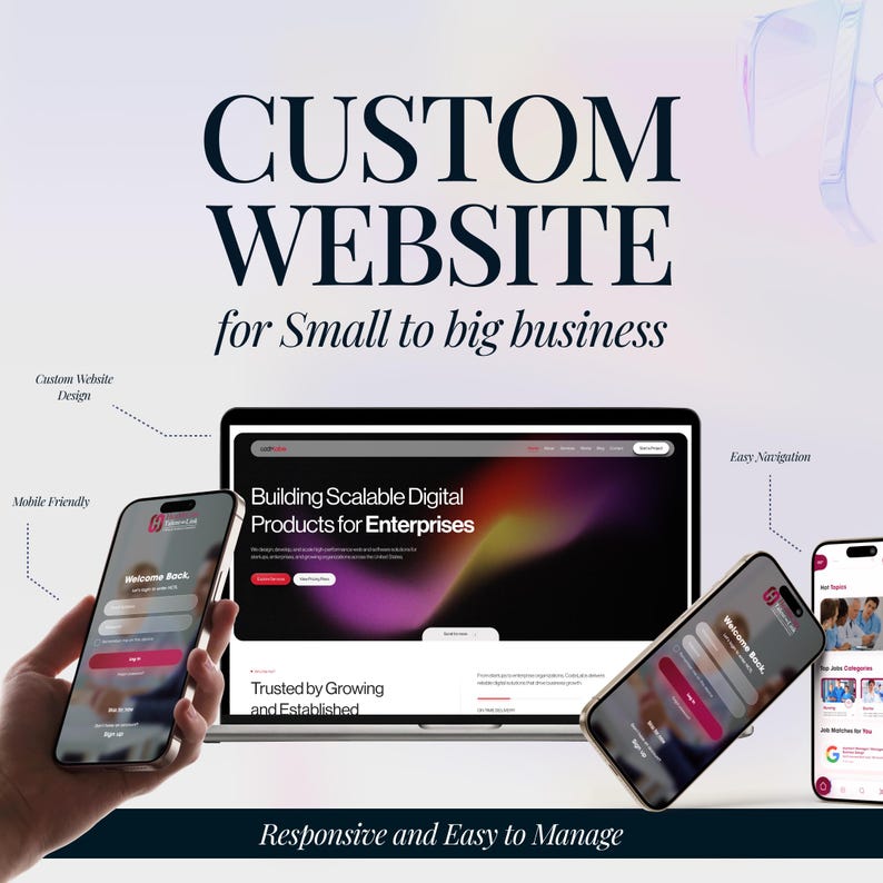 May include: An advertisement for custom website design, featuring a laptop and two smartphones displaying website interfaces. The text includes "Custom Website" and "Building Scalable Digital Products for Enterprises."