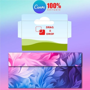 May include: A money envelope template featuring a digital design with a floral pattern in shades of pink, purple, and blue. The layout includes a drag and drop area, Canva branding, and text stating 100% Editable. Sheet size is 8.5x11 inches, template size 7x3.5 inches.