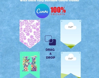 May include: An editable bunting banner template featuring four pennant designs on a blue background. The set includes a floral pattern, a letter H with floral accents, and two blank frames labeled 5"x7" for drag and drop use. Text includes EDITABLE BUNTING BANNER, 100% Editable, and 8.5"x11" US LETTER SIZE.