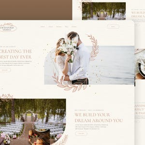 May include: A website design for a wedding planning service. The design features a couple embracing, a ceremony setup, and a table setting. The colour palette is soft, with beige and brown tones, and includes the text "ENCHANTED WEDDINGS" and "CREATING THE BEST DAY EVER."
