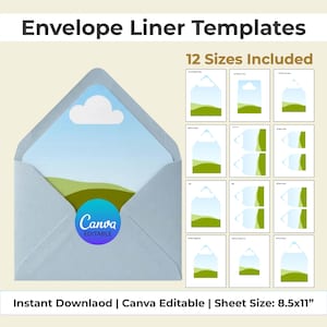 Op de afbeelding: Een lichtblauwe envelop met een landschapsvoering met een blauwe lucht, witte wolk en groene heuvels. Een ronde blauwe Canva Editable-sticker zit op de flap. Twaalf sjabloonvariaties worden in een raster weergegeven met 8.5x11 inch tekst.