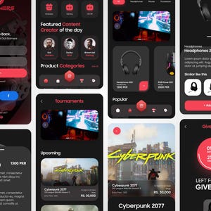 May include: Screenshots of a mobile app with a dark theme, showcasing gaming content. The app displays product categories, tournaments, and a giveaway. The interface includes login screens, product listings, and game-related information.