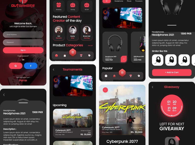 May include: Screenshots of a mobile app with a dark theme, showcasing gaming content. The app displays product categories, tournaments, and a giveaway. The interface includes login screens, product listings, and game-related information.