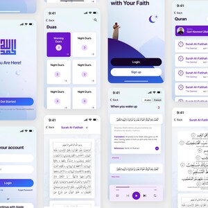May include: Screenshots of a mobile app with a clean, modern design. The app features a purple and white colour scheme and displays various sections, including login, Quran readings, and daily prayers. The interface includes text in Arabic and English.