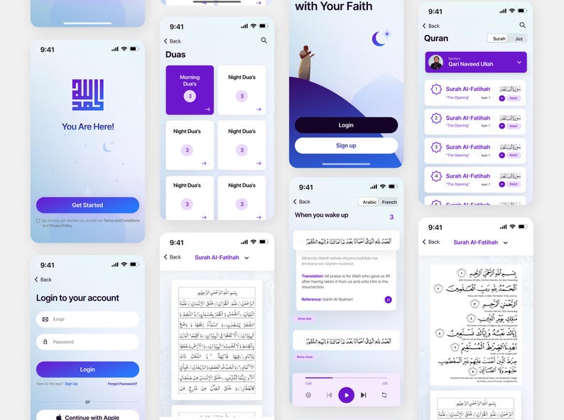 May include: Screenshots of a mobile app with a clean, modern design. The app features a purple and white colour scheme and displays various sections, including login, Quran readings, and daily prayers. The interface includes text in Arabic and English.