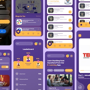 May include: Screenshots of a mobile app interface with a purple and yellow colour scheme. The app features login screens, blog sections, leaderboards, and educational content. The app's name is "E-Ducate Me".