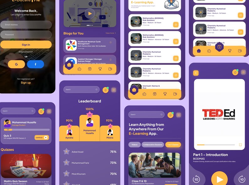 May include: Screenshots of a mobile app interface with a purple and yellow colour scheme. The app features login screens, blog sections, leaderboards, and educational content. The app's name is "E-Ducate Me".