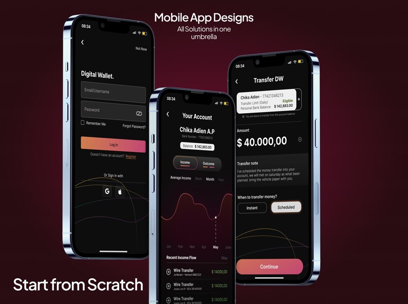 May include: Three smartphones showcasing mobile app designs. The screens display a digital wallet login, account details, and a money transfer interface. The apps have a dark theme with orange and pink accents, and the text "Start from Scratch" is at the bottom.