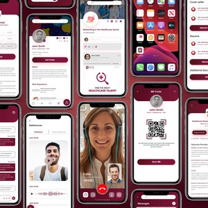 May include: Multiple smartphones showing app interfaces in burgundy and white. The screens display job applications, networking, video calls, QR codes, and document uploads. The apps are related to healthcare and feature the text "Find the right healthcare talent!"