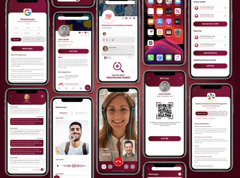 May include: Multiple smartphones showing app interfaces in burgundy and white. The screens display job applications, networking, video calls, QR codes, and document uploads. The apps are related to healthcare and feature the text "Find the right healthcare talent!"