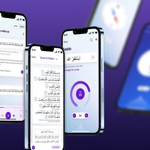 May include: Smartphones displaying Islamic app interfaces. The screens show Arabic text, translations, and a counter. The apps have a purple and white colour scheme. The phones are on a dark purple background.