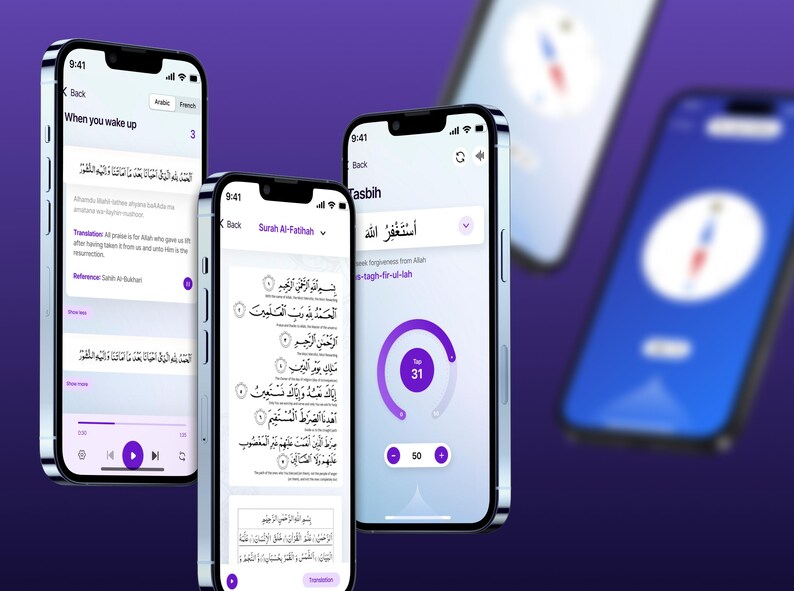 May include: Smartphones displaying Islamic app interfaces. The screens show Arabic text, translations, and a counter. The apps have a purple and white colour scheme. The phones are on a dark purple background.