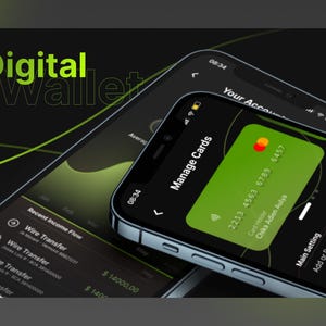 May include: Two smartphones showing a digital wallet interface. One displays a credit card with a green background, the other shows recent income flow and wire transfer details. The words "Digital Wallet" are at the top.
