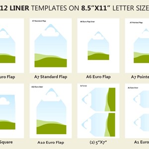 May include: A digital sheet titled 12 LINER TEMPLATES ON 8.5"X11" LETTER SIZE displaying various envelope liner shapes. The templates include A7 Euro Flap, A7 Standard Flap, A6 Euro Flap, A7 Pointed Flap, A7 Square Flap, A10 Euro liner, 5x7 Liner, and A1 Euro liner.