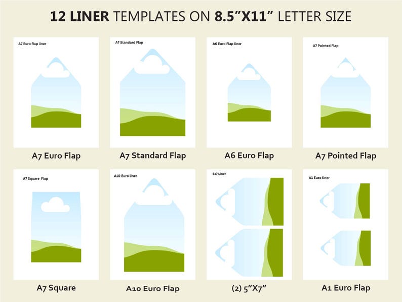 May include: A digital sheet titled 12 LINER TEMPLATES ON 8.5"X11" LETTER SIZE displaying various envelope liner shapes. The templates include A7 Euro Flap, A7 Standard Flap, A6 Euro Flap, A7 Pointed Flap, A7 Square Flap, A10 Euro liner, 5x7 Liner, and A1 Euro liner.