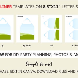 May include: A digital set of 12 envelope liner templates on 8.5"x11" letter size paper. The templates include C5, A9 Euro, C6, and A2 Euro styles, featuring a light blue and green landscape graphic. Text includes "12 LINER TEMPLATES ON 8.5"X11" LETTER SIZE", "PERFECT FOR DIY PARTY PLANNING, PHOTOS & MORE!", "Simple to use!", and "PURCHASE, EDIT IN CANVA, DOWNLOAD FILES AND PRINT!"