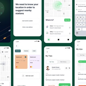 May include: Screenshots of a mobile app interface in dark green and white. The app shows location services, payment options, and trip details. Text includes "Premium cars. Enjoy the luxury."