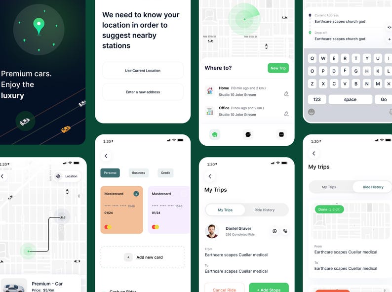 May include: Screenshots of a mobile app interface in dark green and white. The app shows location services, payment options, and trip details. Text includes "Premium cars. Enjoy the luxury."