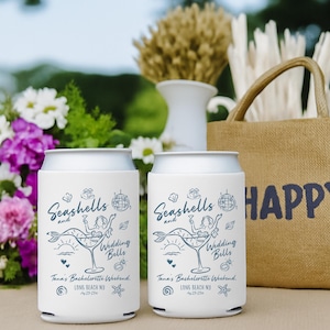 Seashells and Wedding Bells Can Coolers, Personalized Bachelorette Can Sleeves, Custom Beach Coastal, Bachelorette Party Favors, Can Holder